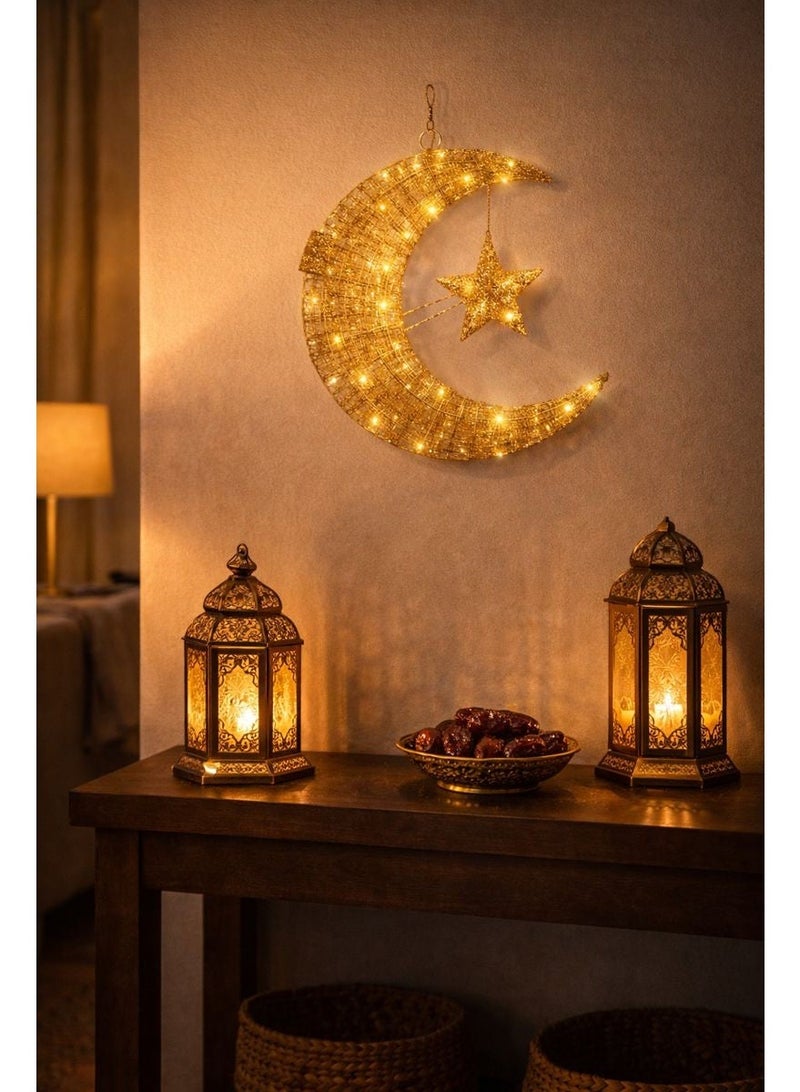 Home Care مصباح سلك نحاسي مع ضوء بطارية ثابت 3 - ديكور حائط على شكل قمر ونجوم ذهبي، 50 سم مع 50 LED دافئ - Image 3